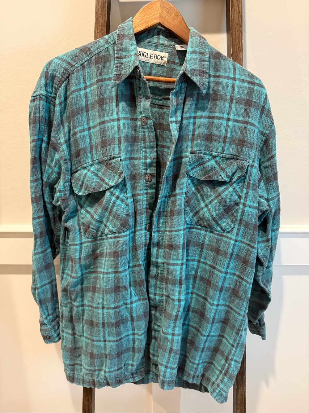 Vintage Bugle Boy Teal  Plaid Button-Down flannel Shirt